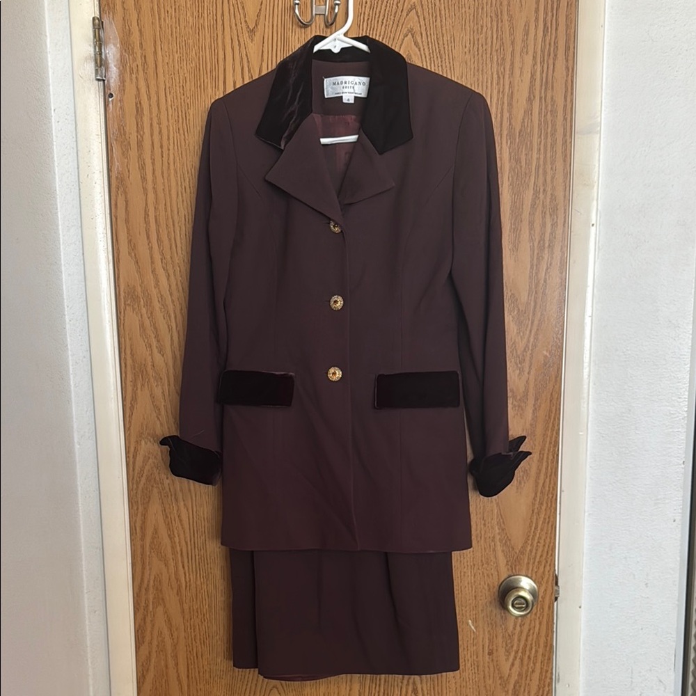 VTG Madrigano Suit Blazer Skirt Velvet Trim Jewel Buttons Goth Witchy Sz 4